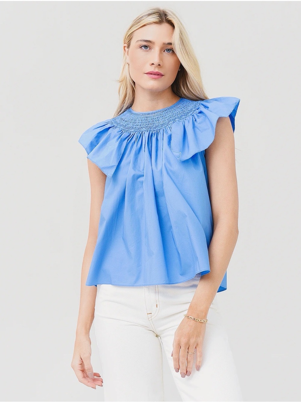 HUNTER BELL Blue Smocked Ruffle Cap-Sleeve Top